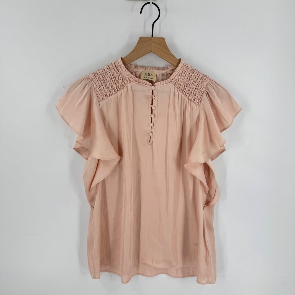 Elie Elie Tahari Blush Pink Flutter Sleeve Top Size M Smocked Romantic Coquette
